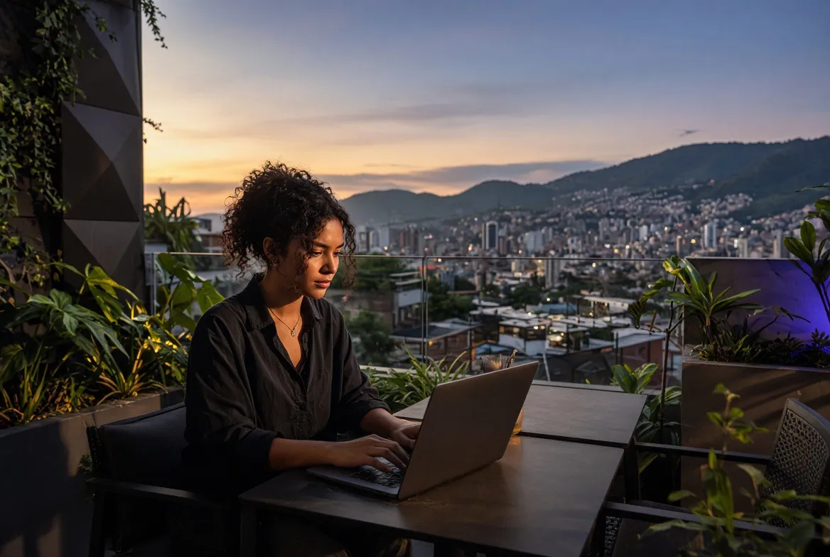 Woman working on her laptop on a rooftop terrace at sunset, with Medellín's valley behind her