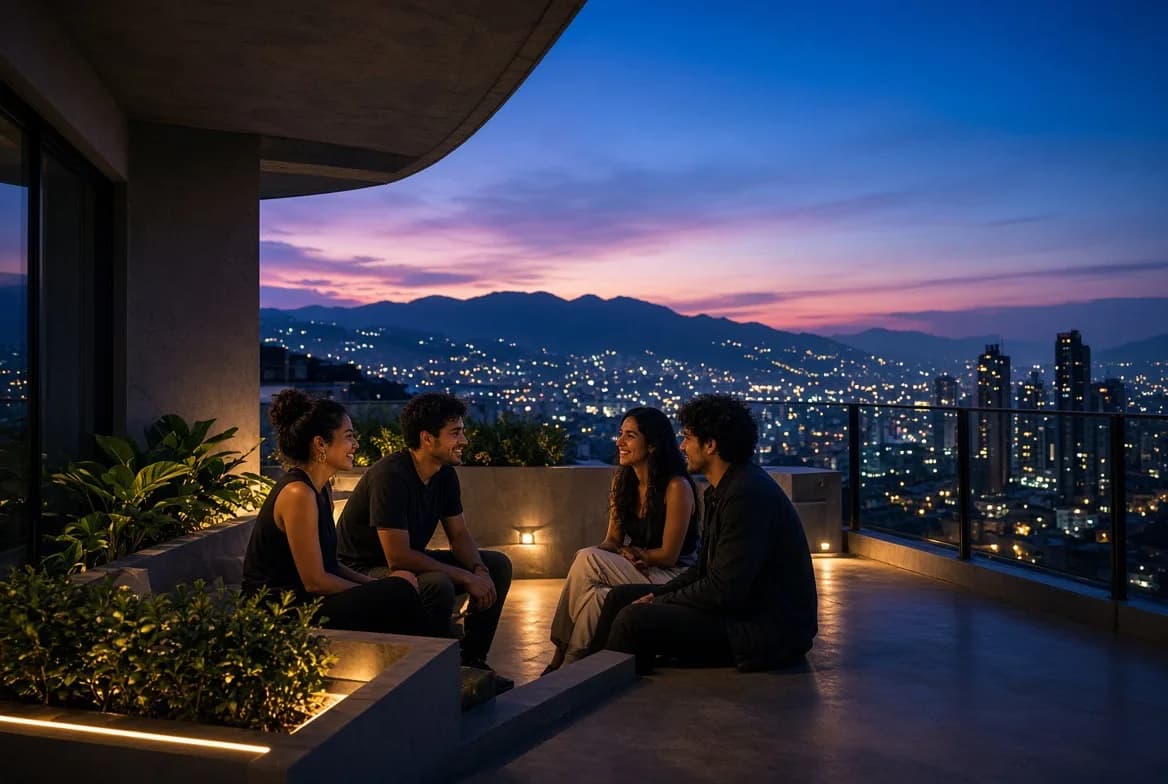 Cuatro personas conversando entre risas en una terraza elevada de noche, con las luces de Medellín y las montañas bajo un cielo morado al fondo