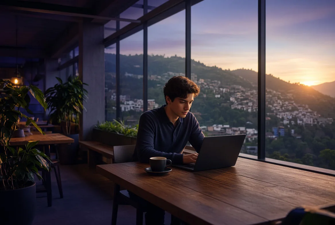 Hombre joven trabajando solo en su laptop con una taza de café, sentado en una mesa de madera junto a un gran ventanal con vista a las montañas y los barrios de Medellín al atardecer