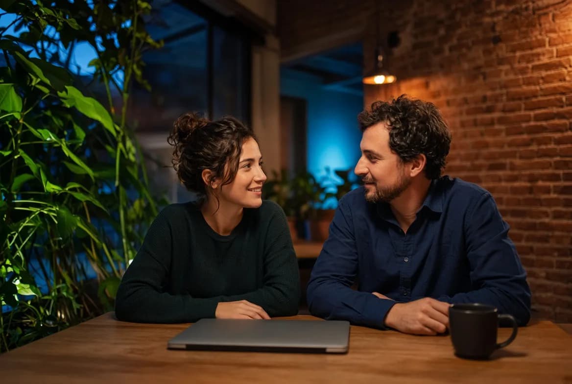 Dos personas conversando y sonriendo frente a frente en una mesa de madera, con la laptop cerrada y una taza de café, en un espacio con plantas y pared de ladrillo
