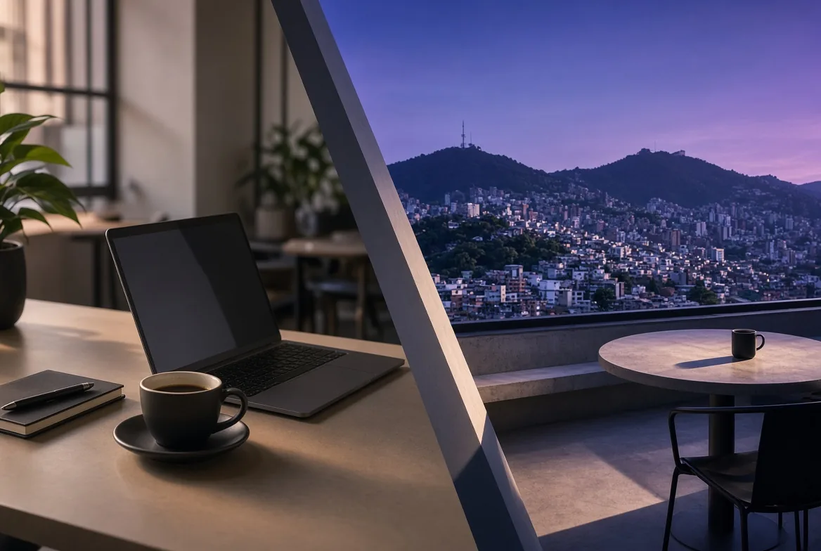 Escritorio con laptop, taza de café y cuaderno en una terraza con vista a la ciudad de Medellín y las montañas al atardecer, bajo un cielo morado