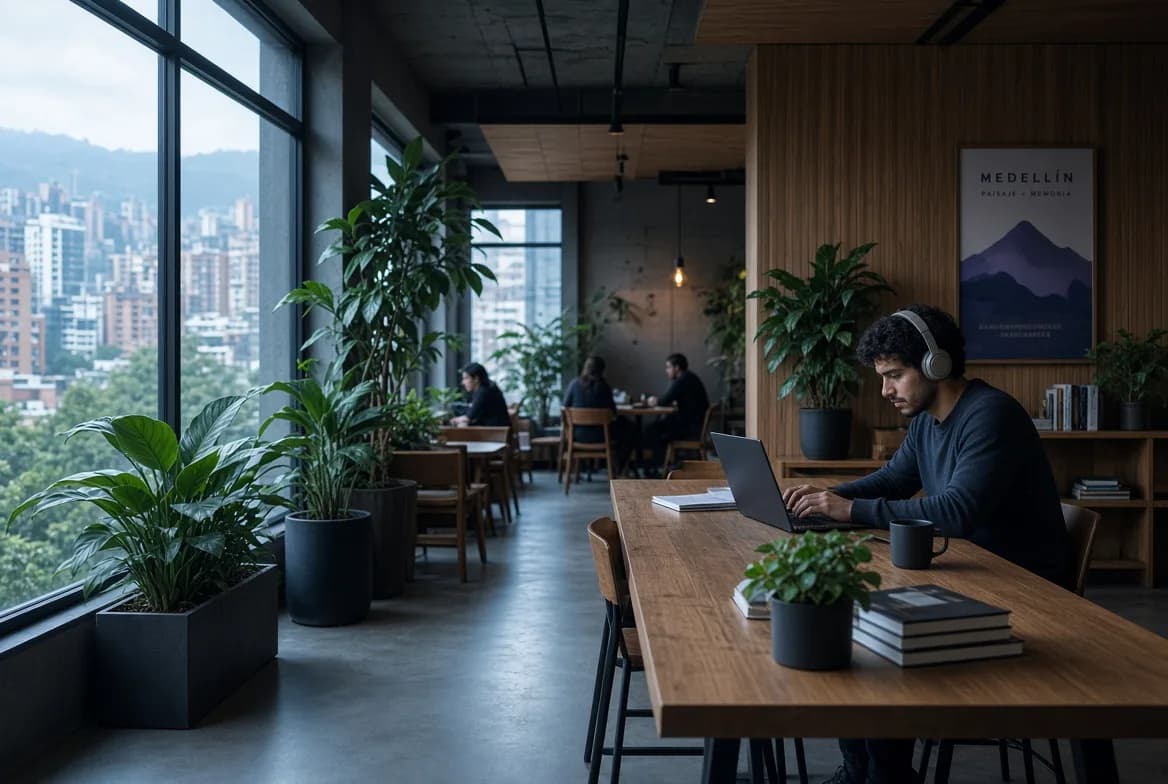 Hombre con audífonos trabajando en su laptop en una larga mesa de madera de un espacio de trabajo tranquilo, con plantas y ventanales con vista a la ciudad