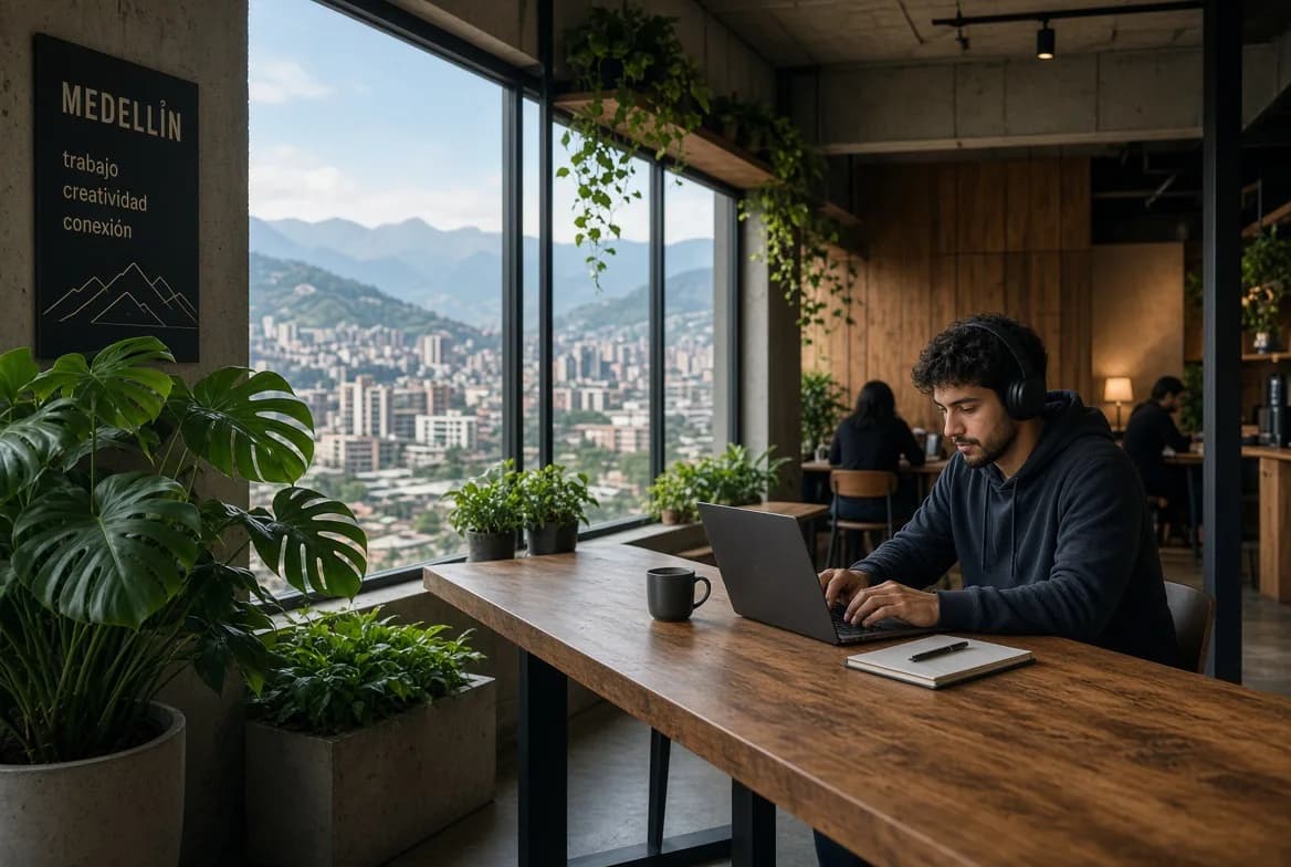 Hombre con audífonos trabajando en su laptop en una larga mesa de madera frente a un ventanal con vista a las montañas y la ciudad de Medellín, con plantas alrededor