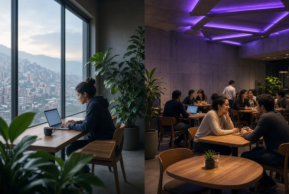 Imagen dividida: a la izquierda, una mujer trabajando sola en su laptop junto a un ventanal con vista a las montañas de Medellín; a la derecha, el mismo espacio lleno de gente conversando en mesas, con luces moradas en el techo