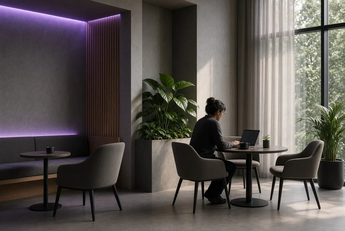 Café minimalista con luz morada suave, una persona trabajando en su laptop junto a un ventanal rodeada de plantas